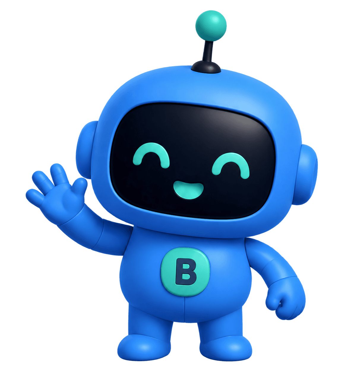 Bimmo, a friendly blue robot mascot, waving hello